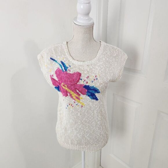 Vintage Sweater Womens L Cream Floral Crochet Open Knit 80s Skating Rink Prop - Picture 1 of 14
